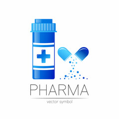 Medicine Jar Vector Logo for Pharmaceutical ndustry Symbol Medical Bottle in flat style Pill Design Element for Pharmacy with Organic Leaf