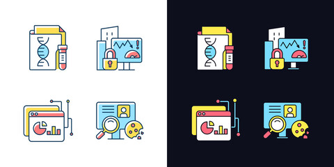 Sensitive data types light and dark theme RGB color icons set. Genetic information. Company risk scoring. Isolated vector illustrations on white and black space. Simple filled line drawings pack