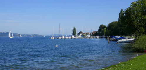 Obraz premium Hafen in Bodmann am Bodensee mit Booten und Schiffen und am Bildrande mit Personen