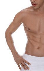 Fototapeta na wymiar Shirtless man with slim body and towel wrapped around his hips isolated on white, closeup