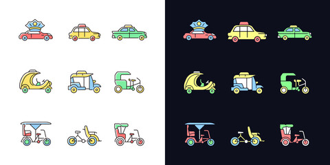 Taxicab types light and dark theme RGB color icons set. Personal driver. London cab. Retro car. Rickshaw. Isolated vector illustrations on white and black space. Simple filled line drawings pack