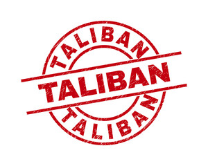 Red round TALIBAN seal stamp. Flat vector textured seal stamp with TALIBAN phrase inside. Imprint with grunged surface.