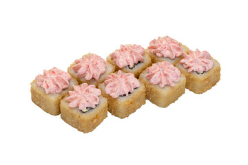 Sushi rolls, maki, breaded and baked with sauce. Hot rolls on white. Isolated .