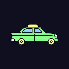 Retro taxi car RGB color icon for dark theme. Taxicab vehicle. Chauffeur-driven transportation. Checker taxi. Isolated vector illustration on night mode background. Simple filled line drawing on black