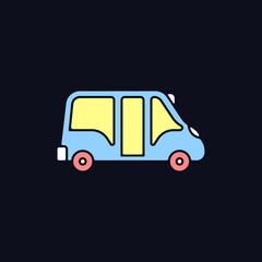 Minibus RGB color icon for dark theme. Small bus for transporting passengers. Motor vehicle. Travel service. Isolated vector illustration on night mode background. Simple filled line drawing on black