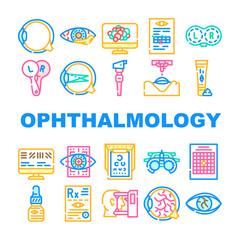 Ophthalmology Eye Disease Treat Icons Set Vector. Amsler Table And Retinoscope, Lasser Correction And Trial Frame Medicine Ophthalmology Hospital Equipment Line. Color Illustrations