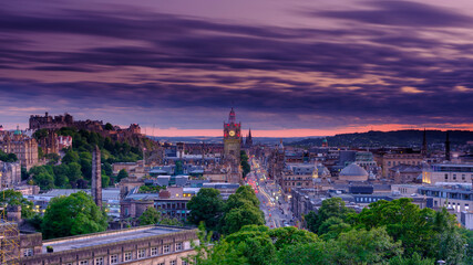 Summer evening and twilight view over the city of Edinburgh from Calton Hill, Edinburgh, Scotland