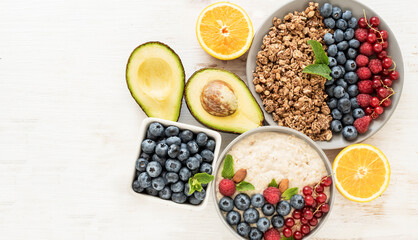 Healthy food selection, healthy breakfast ingredients. All-day energy boost, healthy lifestyle