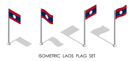 isometric flag of Lao People Democratic Republic in static position and in motion on flagpole. 3d vector