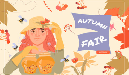 Obraz na płótnie Canvas Autumn fair web banner template with beekeeper woman offer her honey products, flat vector illustration. Farm market and autumn harvest festival advertising poster or webpage.