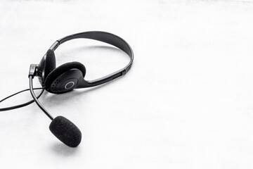 Helpline concept. Voip headset equipment for pc call center support