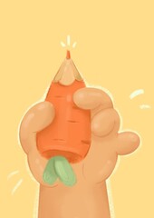 Pencil in the form of an orange carrot in hand on a yellow background