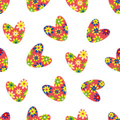 Seamless colorful love heart vector pattern in boho style. Bright flower red green blue yellow hearts on white backdrop. Simple folk art floral heart scattered repeat. All over print for summer
