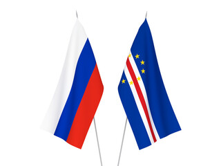 National fabric flags of Russia and Republic of Cabo Verde isolated on white background. 3d rendering illustration.