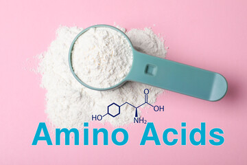 Measuring scoop of amino acids powder on pink background, top view