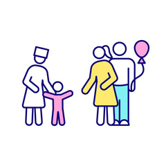 Adoption RGB color icon. Pair get home child from orphanage. Adopt newborn, toddler. Parenthood. Adoption paid leave to take care of child. Isolated vector illustration. Simple filled line drawing
