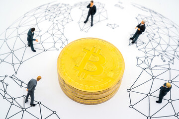 miniature businessmen take a meeting along the bitcoin, future currency
