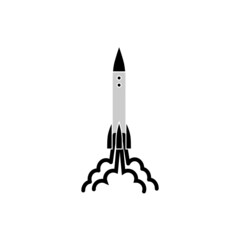 Outline rocket ship with fire. Isolated on white. Flat line icon. Vector illustration with flying rocket. Space travel. Project start up sign. Creative idea symbol. Black and white.
