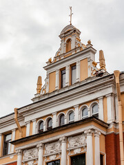 Obraz premium Vyborg, Russia, July 25, 2021. Fragment of a typical facade of a building of a historical architectural ensemble