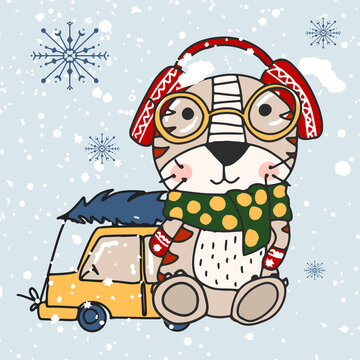 A cheerful winter tiger in glasses and headphones walks and looks as a yellow car carries a Christmas tree on the roof.Hand drawn cute print for posters, cards, t-shirts.