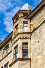 Vyborg, Russia, July 25, 2021. Fragment of a typical facade of a building of a historical architectural ensemble