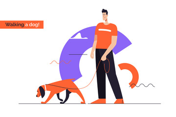 Young smiling man walking a dog on a leash. Flat style outline vector illustration. Editable stroke