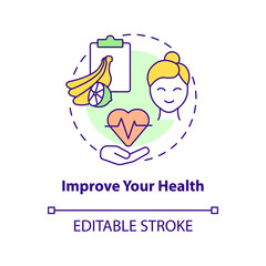Improve your health concept icon. Healthy products abstract idea thin line illustration. Boost wellbeing with diet. Organic and natural foods. Vector isolated outline color drawing. Editable stroke