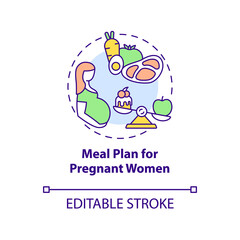 Meal plan for pregnant women concept icon. Balanced menu during pregnancy abstract idea thin line illustration. Foods full of vitamins. Vector isolated outline color drawing. Editable stroke