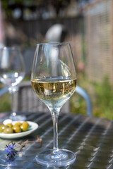 Drinking of dry white wine on open terrace in spring garden