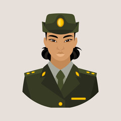 Avatar of a young Asian woman in a green military uniform. A woman in the army. Flat vector illustration.