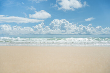 Beautiful wave soft blue breaking empty beach.Amazing wave on clean sandy surfing  beach.Seashore waves whitewash.