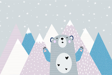 Mural for the walls. Photo wallpapers for the children's room. A children's card with a bear. A bear on the background of mountains and forests. - obrazy, fototapety, plakaty