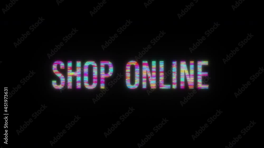 Poster shop online colorful glitch text effect 3d tube animation loop with flicker light. 4k 3d seamless lo