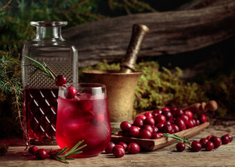 Cranberry cocktail with natural ice and rosemary.