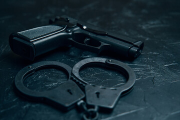 Obraz premium Pistol and handcuffs close up on black table. Ammunition for the arrest of criminals. Gun for law enforcement.