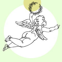 A young angel in the image of a messenger of a significant date, event or festive scene. Hand-drawn vector, design for a poster, banner, invitation, postcard, T-shirt printing, badge, stripe, tattoo.