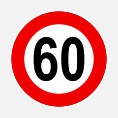 Obraz premium 60 kilometers or miles per hour max speed limit red sign - sixty speed limit traffic sign editable vector illustration