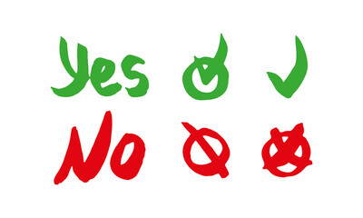 Yes or No stickers. Green check V and Red Check X graphics sign. Tick and cross set. Hand drawning check mark icon. Vector illustration