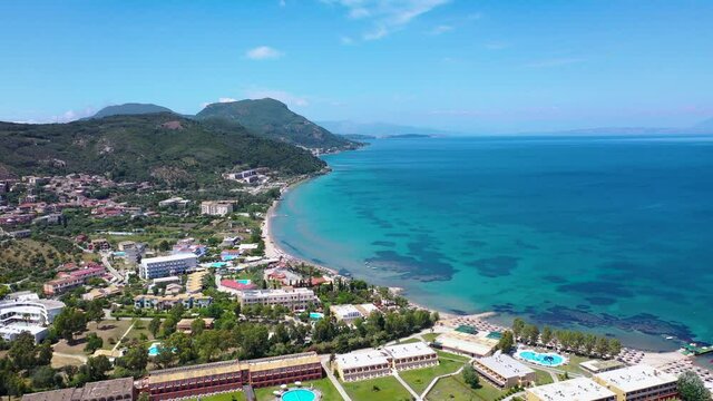 Aerial drone video of Moraitika village on Corfu Island, Greece, 4k video