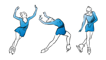 Set on the theme of figure skating. The skater makes different elements. Vector drawing on a white background.