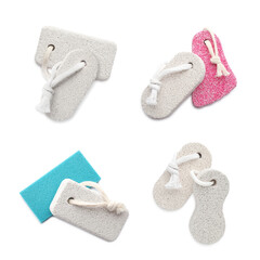 Set with different pumice stones on white background. Pedicure tool
