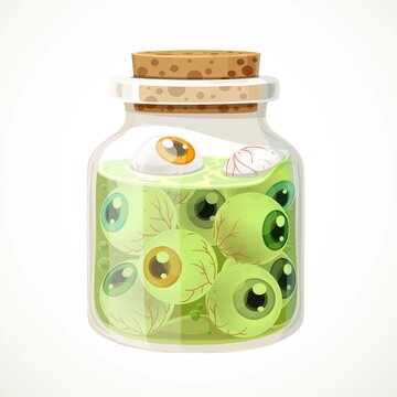 Glass jar with eyeballs isolated on a white background