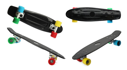 Black skateboards with colorful wheels on white background, collage. Sport equipment
