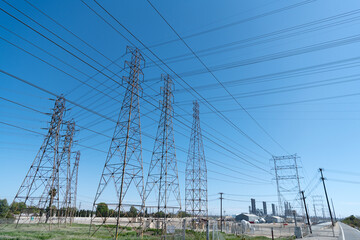 electrical power lines. pylon producing energy. voltage transmission on electric tower