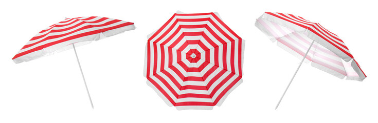 Set with striped beach umbrellas on white background. Banner design - obrazy, fototapety, plakaty