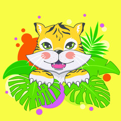 Tropical colorful cute tiger illustration