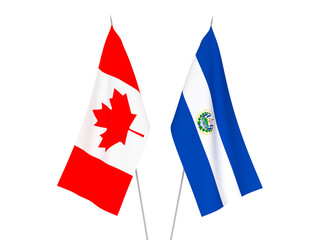 National fabric flags of Republic of El Salvador and Canada isolated on white background. 3d rendering illustration.