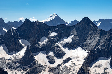 Fototapeta na wymiar Summer skiing in France on top of 3600 in Les 2 Alpes, Europes highest skiable glacier