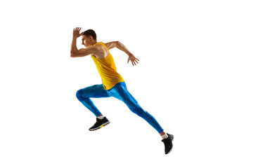 Fototapeta na wymiar Profile view of Caucasian professional male athlete, runner training isolated on white studio background. Concept of action, motion, youth, healthy lifestyle.