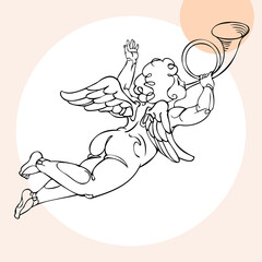 A young angel in the image of a messenger of a significant date, event or festive scene. Hand-drawn vector, design for a poster, banner, invitation, postcard, T-shirt printing, badge, stripe, tattoo.